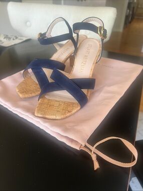 Stuart Weitzman Navy Suede Cork-Strap Crisscross Sandals